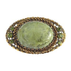 Vintage Nephrite Jade Brass Brooch Large Oval Cabochon with Green Glass Stones